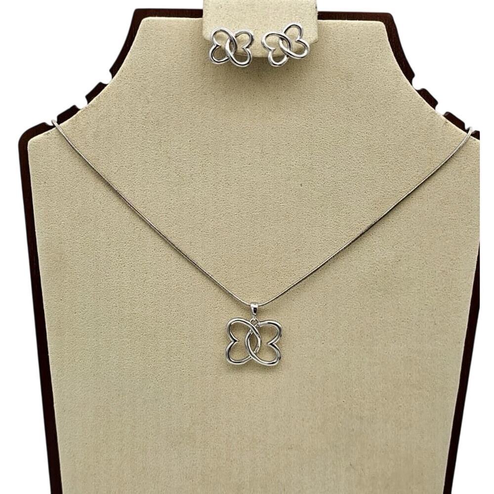 Sterling Silver Han Thai Double Hearts Interlocking Pierced Earrings & Necklace